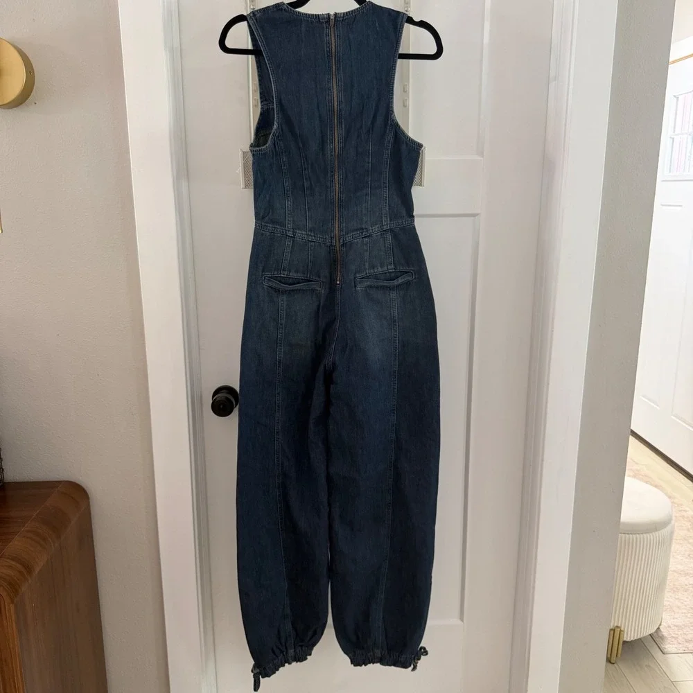 Free People We The Free Match Point Denim Jumpsuit Dark Wash XS‎ Overalls Boho